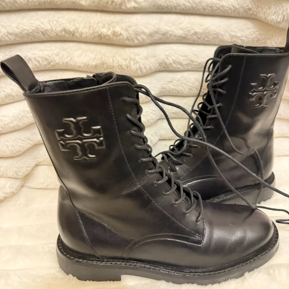 Tory Burch Black Leather Lace-Up Combat Boots with Logo